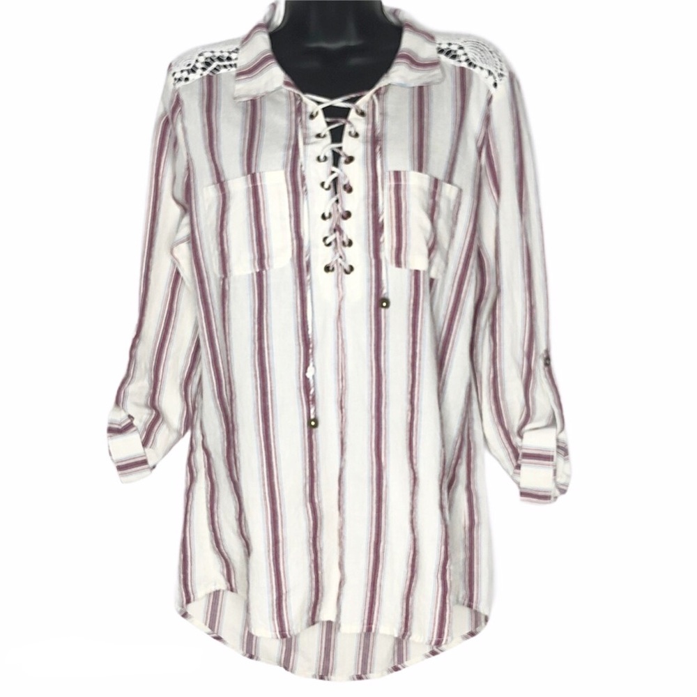 SHE + SKY striped lace up chambray tunic | S